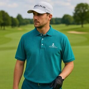 Vintage Nicklaus Lagoon Legend Polo Shirt Men's Large Teal Paisley Golf Korea...